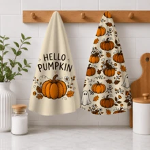 2pcs, Autumn Halloween Theme Towels, Single-Sided Print, Rectangular, Cartoon Pumpkin 2D Design, Soft And Comfortable, Durable, Odorless, Suitable For Bathroom, Kitchen, Beach And Pool - Multicolor - View 9