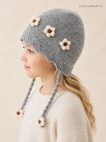 1pc Girls' Autumn/Winter 3D Floral Knitted Earflap Hat, Fashionable Warm Woolen Beanie With Tie - Multicolor - View 4