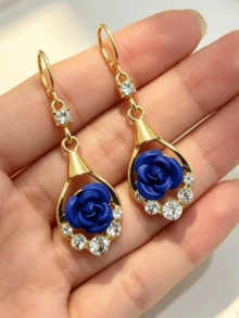 1 Pair Blue Rose Rhinestone Earrings, Fashionable Luxury Elegant Earrings, Versatile Delicate Niche Earrings - Blue - View 8