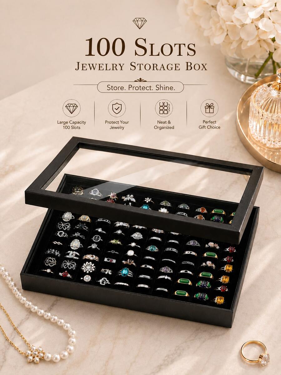 1pc 100 Slot Ring Jewelry Box With Lid, Earring Jewelry Tray, Ring Jewelry Storage Display Tray, Simple Velvet Ring Box, Jewelry Box, Earring Jewelry Storage Box, Dustproof Jewelry Display Box, Ladies Gift - Multicolor - View 1
