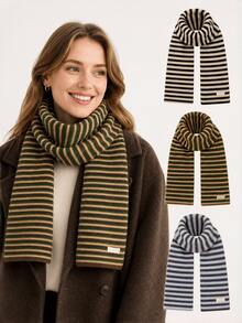 1pc Rainbow Striped Casual Polyester Knitted Scarf, Warm And Skin-Friendly For Autumn/Winter, Perfect Gift For Girlfriend Or Best Friend, Suitable For Outdoor Wear - Multicolor - View 1