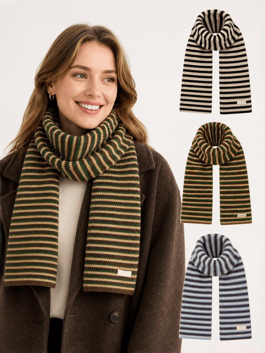 1pc Rainbow Striped Casual Polyester Knitted Scarf, Warm And Skin-Friendly For Autumn/Winter, Perfect Gift For Girlfriend Or Best Friend, Suitable For Outdoor Wear - Multicolor - View 1