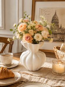 1pc Small White Ruffle Resin Vase, Modern Striped Pumpkin Shaped Dried Flower Holder, Bohemian Farmhouse Style Tabletop Decor, Suitable For Living Room, Bedroom, Entryway, Wedding Centerpiece And Housewarming Gift - Multiple Styles - View 5