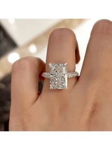 Elegant Promise Silver-Plated Ring, Inlaid With Sparkling Zirconia, Rectangular Design, Engagement Ring, Wedding Ring, Evening Party Decoration, Symbolizing Beauty And Elegance. - Silver - View 4