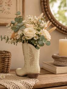 1pc Resin Vintage Western Cowboy Boot Vase - Beige High-End Rustic Farmhouse Style Decor Flower Arrangement Container Home Decor Desktop Resin Crafts - 1PC - View 7