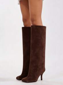 Luxury Fashion Knee High Long Boots For Women Square Toe Kitten Heel Wide Calf Stiletto Heeled Boots Slouchy Formal Suede Winter Autumn Shoes - 巧克力棕 - 查看 7