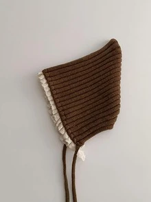 1pc Girls Lace Trim Knitted Earflap Hat, Autumn/Winter Warm Tie-Up Beanie, Multiple Colors Available - Multicolor - View 10