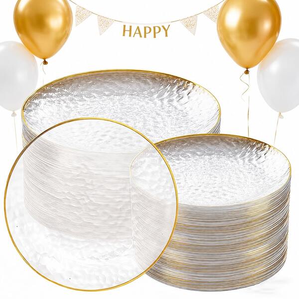 50/25/20/10pcs Transparent Gold Rim Plates/Trays, 7.5 Inch/10.25 Inch Reusable Plates, Food Trays, Fruit And Snack Platters, Dessert And Salad Plates, Cheese And Candy Trays, Multi-Purpose Tableware, Suitable For Parties, Weddings, Birthdays, Picnics, Holiday Events, Easy To Clean And Durable, Perfect For Elegant Home And Event Table Settings. Plastic Plates, Serving Plates, Cake Plates, Decoration, Tray Service Trays, Serving Plates, Banquet, Holiday, Wedding, Paper Plates