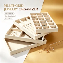 Multi-Grid Velvet Jewelry Storage Tray Set, Stackable Desktop Display Organizer For Rings, Earrings, Necklaces & Bracelets, Dustproof Vanity Cosmetic Storage Box,Space-Saving Dresser Bedroom Dorm Organizer, Perfect Daily Storage & Holiday Gift Choice - Beige - View 1