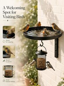 Black Metal Wall-Mounted Bird Bath And Feeder Combo, Outdoor Hanging Bird Water Dish With Hook, Suitable For Garden And Yard - A - View 9