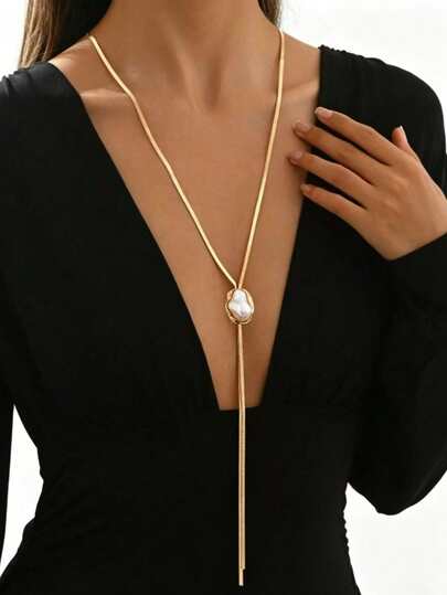 1pc Fashion Stainless Steel 18K Gold Plated Luxury Minimalist Elegant Exquisite Creative Versatile Extra Long Snake Chain Y-Shaped Necklace Niche Luxury Design High-End Suitable For Women Friends Gathering, Romantic Vacation, Friends Date, Fashion Show, Bar, Travel, Daily Office Commute, Vacation, Dancing, Beach Wear
