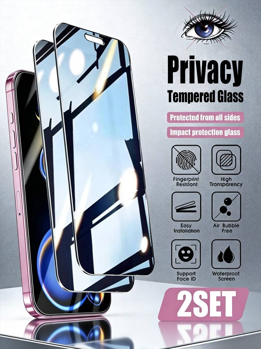 CASECOPS 2pcs Privacy Tempered Glass Screen Protector, Full Coverage Privacy Protection, Anti-Peeping, Anti-Oil, Anti-Scratch, Anti-Fingerprint, Strong Adhesion, Drop Protection, Smooth Touch, Sensitive Touch, Perfect Fit For Dynamic Island Function. Compatible With IPhone X/11/12/13/14/15/16/17/17Pro Max All Series Models, Premium Phone Accessories Screen Privacy Protector, True Anti-Peeping, Full Protection For Your Phone Screen And Privacy