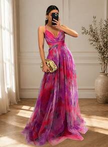 Damen Blumen Maxi Kleid V-Ausschnitt ärmellos Cut Out Taille Abend Party Kleid elegant böhmisch langes Kleid für Hochzeitsgast Urlaub - Verschiedenfarbig - Übersicht 1