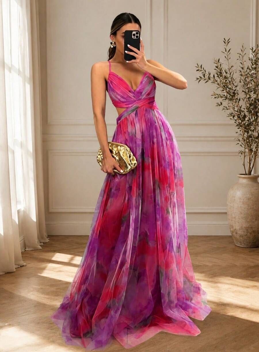 Damen Blumen Maxi Kleid V-Ausschnitt ärmellos Cut Out Taille Abend Party Kleid elegant böhmisch langes Kleid für Hochzeitsgast Urlaub - Verschiedenfarbig - Übersicht 1