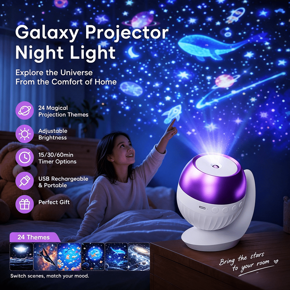Galaxy Starry Sky Night Light Projector, 2026 New 2-In-1 Portable With 24 Projection Films, 360° Adjustable Brightness Control LED Night Light