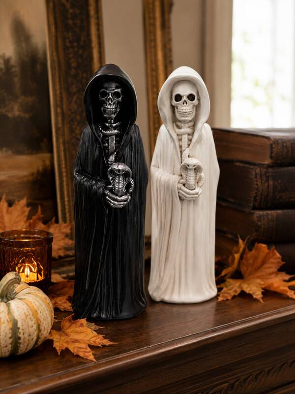 1pc Gothic Skeleton Sculpture, Grim Reaper Holding Cobra Figurine, Black And White Resin Skull Ornament, Halloween Home Table Decor, Dark Aesthetic Bookshelf Mantel Desktop Statue, Collector Gift