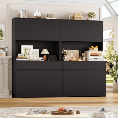 Tall Kitchen Cupboard, Kitchen Storage Cabinet, Sideboard, Pantry Cupboard For Living Rooms, Dining Rooms And Kitchens, 2 Drawers, 6 Doors, Black, 100x38.5x180cm