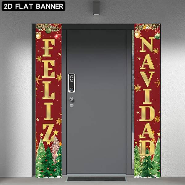 2D Flat Feliz Navidad Christmas Banner Couplet, Red Background With Gold Text, Decorated With Christmas Tree And Snowflake, 2D Printed Design, Durable Polyester Material, No Power Required, Suitable For Indoor And Outdoor Holiday Decor, Home, Studio, Party Decoration, Wall Decor For Creating Festive Atmosphere, Creating Rich Christmas Vibe