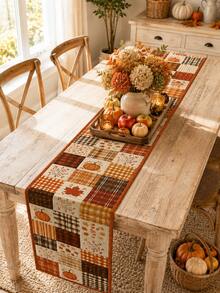 1pc-Autumn Table Runner 72 Inch, Pumpkin Maple Leaf Patchwork Table Runner With Rustic Plaid Pattern, Thanksgiving Linen Look Table Decor, Farmhouse Fall Dining Table Decoration, Cozy Harvest Home Party Centerpiece - Multicolor - View 2