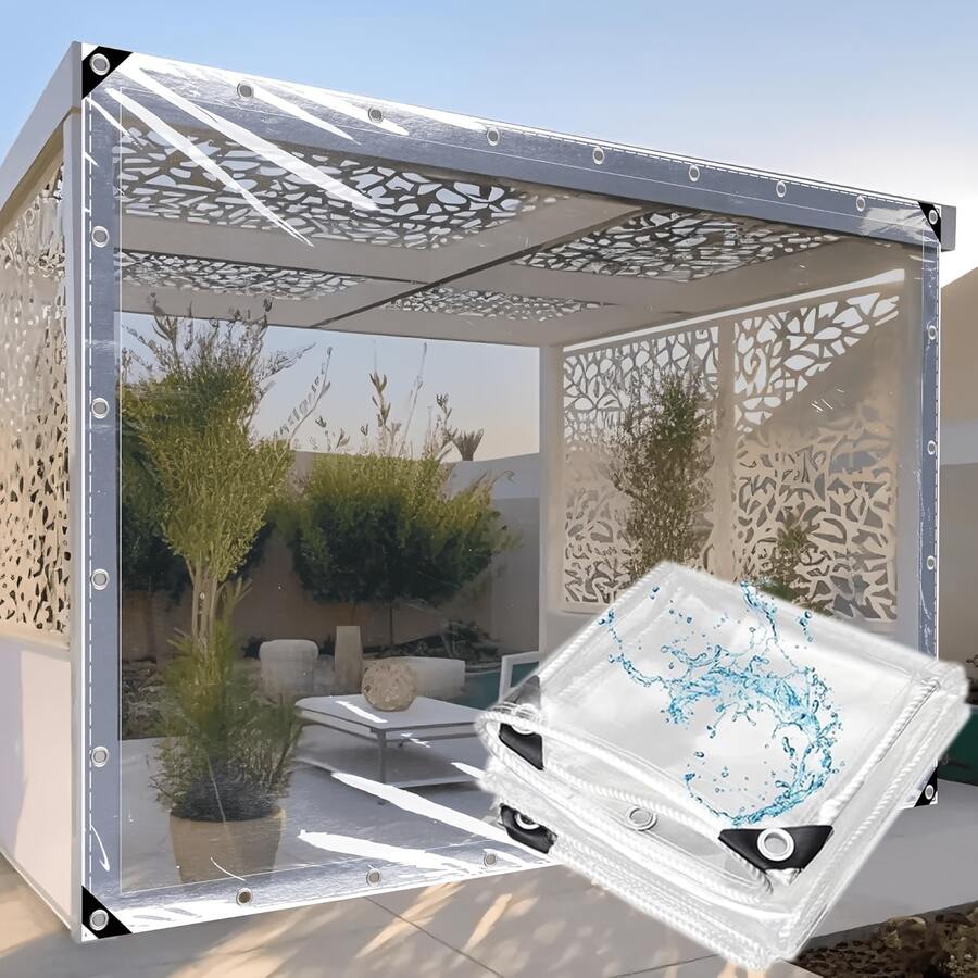 1pc 99% Clear PVC Waterproof Tarp, Tear Resistant Grommet Tarpaulin With Eyelets Every 50cm, Easy Installation Outdoor Clear Curtain For Patio Pergola, Balcony & Camping - Transparent - View 1