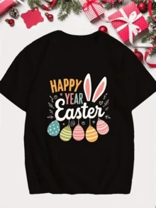 Huevos pascuales coloridos con orejas de conejo celebran renovación y felicidad junto a esta alegre camiseta de hombre - Negro - Ver 1