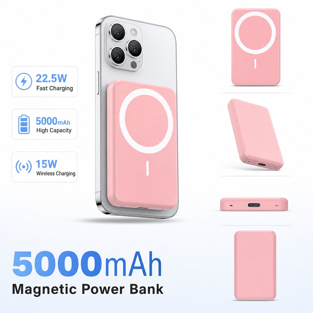 Pink 5000mAh Magnetic Backup Battery, Slim Wireless Power Bank With Portable Construction, Features 22.5W Fast Wired Charging With 15W Wireless Charging, High-Capacity Battery Support, Easy Alignment And A Slim Pocket-Ready Shape, A School Supplies Choi