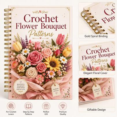 Crochet Bouquet Pattern Tutorial Book, Spiral Bound Handmade Crochet Diagram Book, Rose Sunflower Tulip Crochet Tutorial Manual, Beginner DIY Yarn Flower Making Tool Book, Home Handmade Leisure Time Gift Making Reference Book, Clear Diagram Steps Detailed Handmade Enthusiast Learning Book