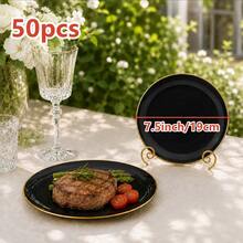 2/12/25/50pcs Set 7.5 Inch Dessert Plates And 10.25 Inch Dinner Plates, Black Gold Rim Plates, Suitable For Weddings, Anniversaries And Celebration Party Tableware - Black - View 18