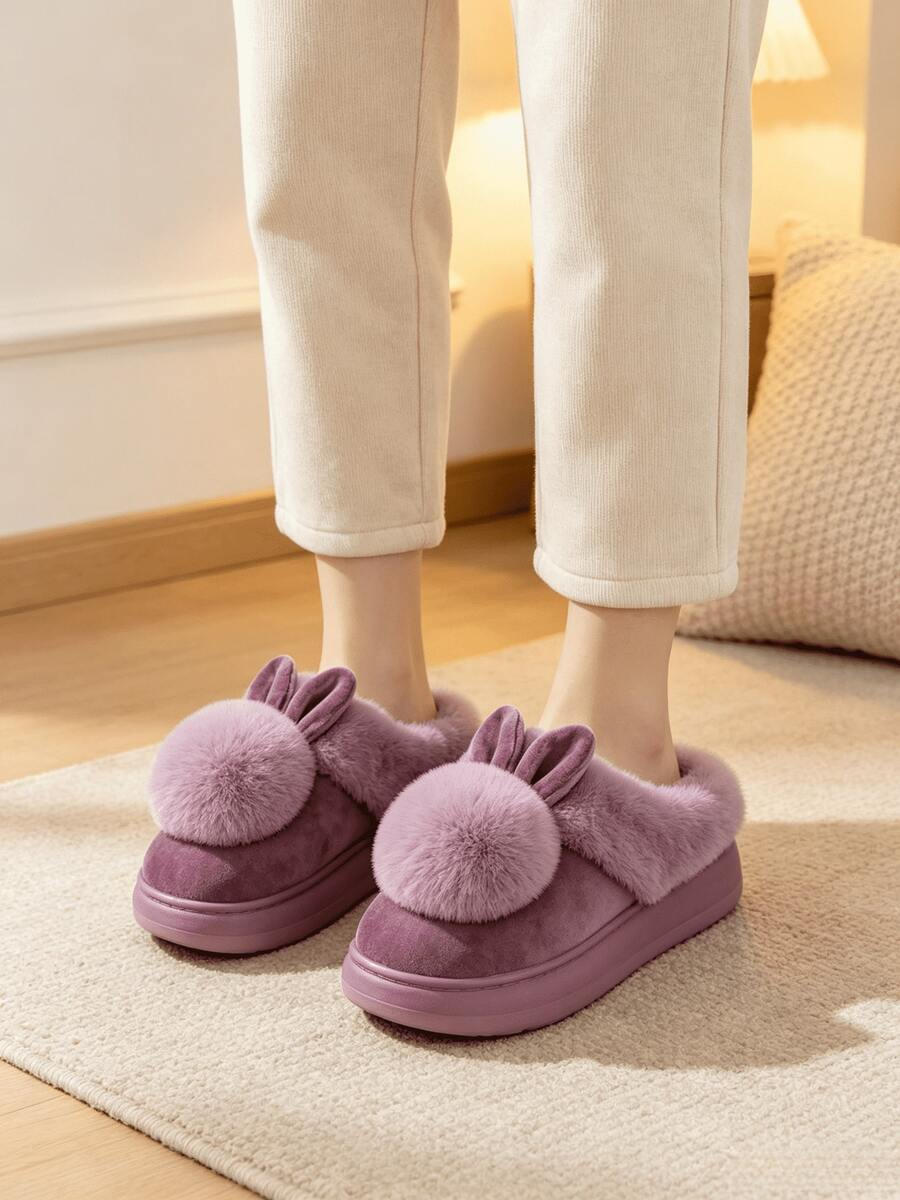 Women's Cute Rabbit Purple Flat Non-Slip Plush House Slippers, Comfortable Soft Warm Autumn/Winter Indoor Shoes