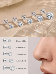 1Pc 0.03-0.3ct 925 Sterling Silver Moissanite Nose Stud Hypoallergenic Cartilage Body Piercing Jewelry For Women Men Daily Wedding Bridal Wear & Gifts - Silver - View 1