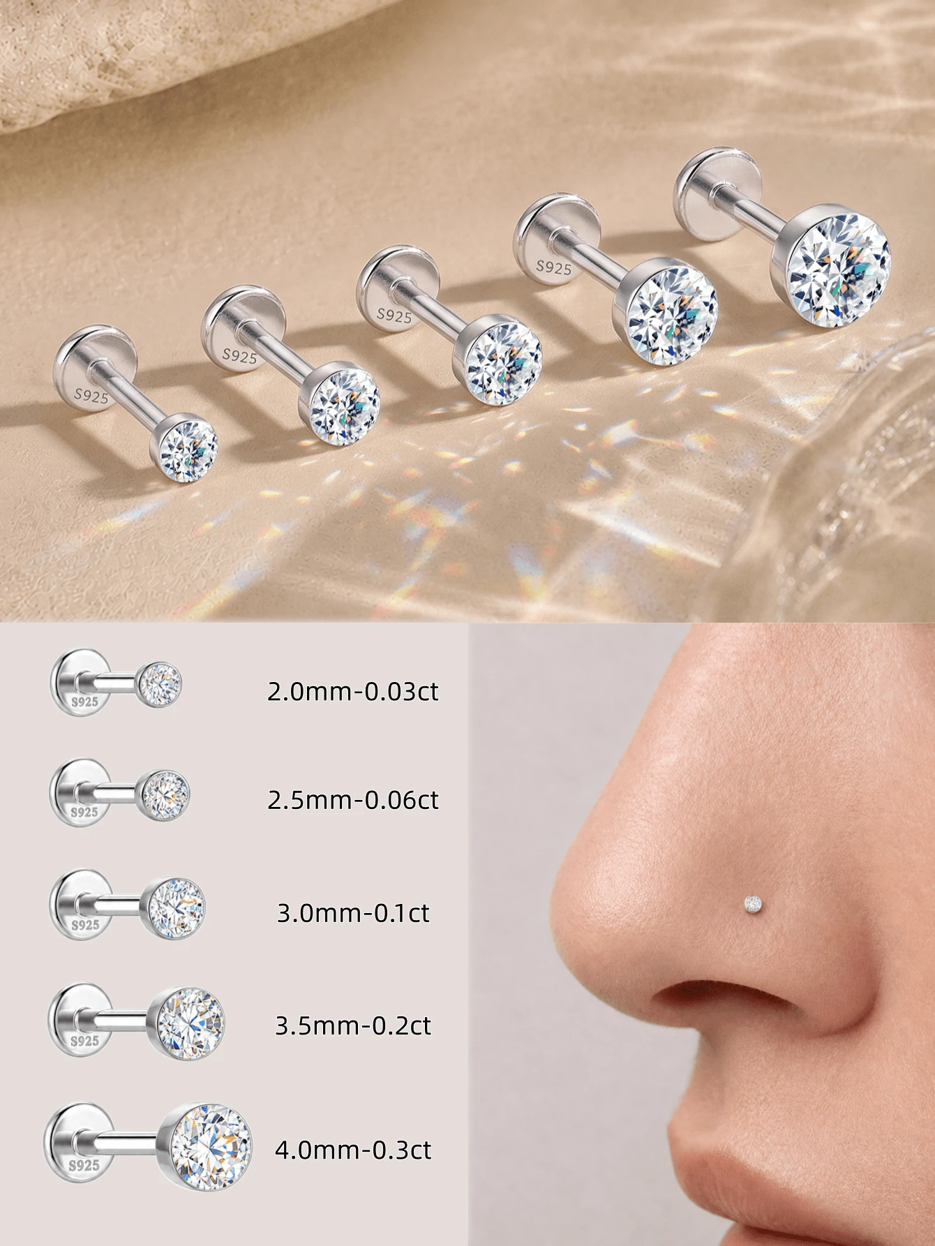 1Pc 0.03-0.3ct 925 Sterling Silver Moissanite Nose Stud Hypoallergenic Cartilage Body Piercing Jewelry For Women Men Daily Wedding Bridal Wear & Gifts - Silver - View 1