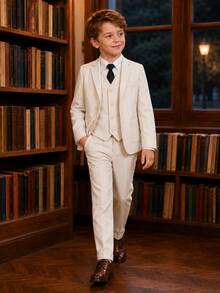 New Boys' Suit Set, Page Boy Wedding Outfit, British Style Boys' Formal Suit 3 Pieces Set, Suit Jacket And Pants - Beige - View 6