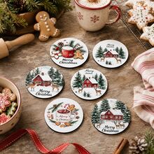 6pcs Christmas Element Pattern Printed Diatom Mud Coasters, Christmas Holiday, Can Be Used As Christmas Gifts, Christmas Decorations, Absorbent Beverage Coasters, Coffee Cup Coasters, Mug Coasters, Tea Cup Coasters, Desktop Protection Pads, Suitable For Dining Table, Coffee Table, Bar Counter And Office Desk Decoration - Multicolor - View 1