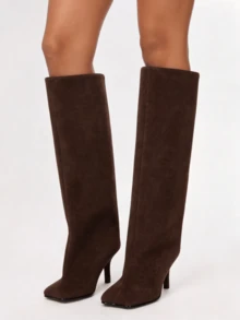 Luxury Fashion Knee High Long Boots For Women Square Toe Kitten Heel Wide Calf Stiletto Heeled Boots Slouchy Formal Suede Winter Autumn Shoes - 巧克力棕 - 查看 9