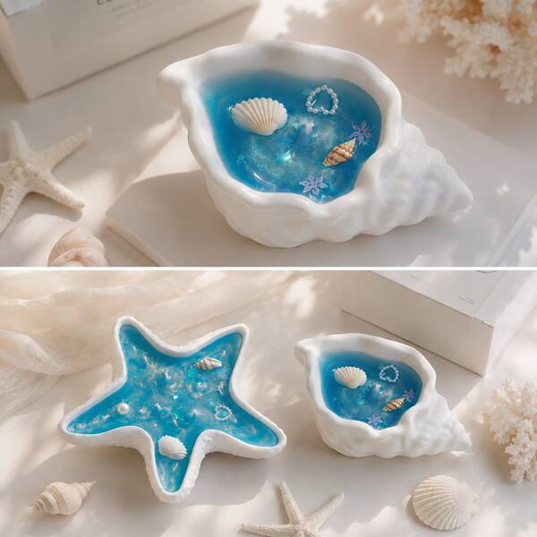 Ocean Style Creative Shell & Starfish Scented Candle Decor, Dreamy Blue Jelly Wax With Pearl Shell Decoration, Fresh Healing Atmosphere Design, Suitable For Bedroom Bedside, Living Room Tabletop, Bathroom Decor, Romantic Date, Holiday Party And Girls Birthday Gift