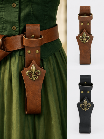 1PC Antique Gold Rose PU Leather Fan Holder Belt, Medieval Elf Fairy Renaissance Faire Waist Holster,Halloween
