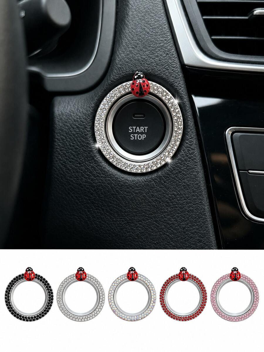 Anillo decorativo de arranque de un toque para coche con diseño de mariquita, decoración interior con incrustaciones de strass, pegatina decorativa universal para botón de interruptor de encendido - A - Ver 1