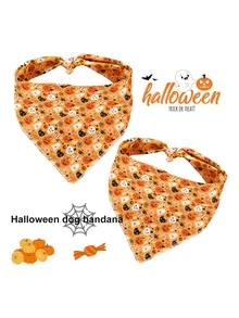 1pc Halloween Dog Bandana, Dog Halloween Costume, 68x48cm Neon Pumpkin And Bat Print Pet Triangle Scarf, Drool Bib, Made Of Soft Fabric, Perfect For Small Dogs, Medium Dogs And Cats Halloween Outfit, Happy Puppy Raising, Cat Accessories, Dog Supplies, 2026 Halloween Decoration - Multicolor - View 5