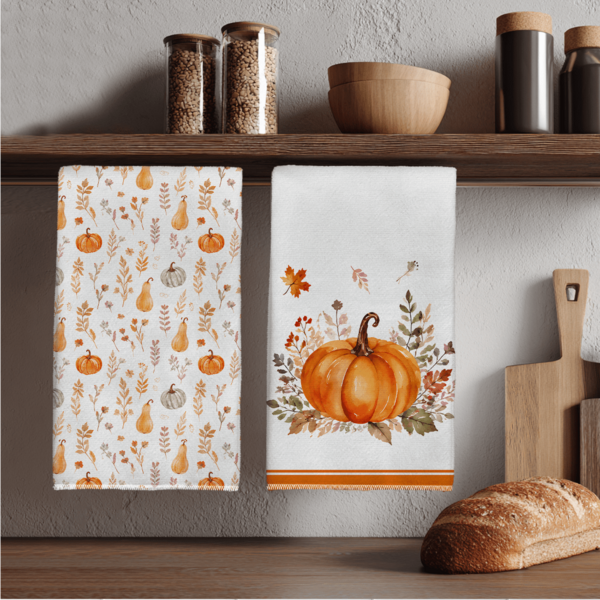 2 Pcs Watercolor Pumpkin Gourd Allover Print Pattern Kitchen Towels Dish Cloths, Super Fine Fiber Polyester Material, Full Print Pumpkin Fruit Branch Leaf Large Pumpkin Autumn Harvest Decorative Hand Towels Thanksgiving Home Decor, Kitchen Decor, Fall Decor, Suitable For Restaurant Kitchen, Home Decoration And Gift Giving, 40*60cm/45*70cm