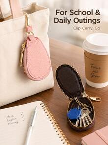 Compact Genuine Leather Key Pouch With Zipper And Hook, Durable And Stylish Leather Car Key Ring Protective Case, 360° Full Protection, With Safety Chain To Prevent Keys From Scratching Phone - Multicolor - View 3