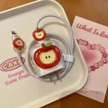5pcs 3D Cartoon Green & Red Apple Data Cable Protector Set, Fresh Summer 3D Apple Digital Accessories Multi-Scenario Compatible, Compatible With Apple 18W/20W Fast Charging, Energetic Cartoon Healing Data Cable Protector Set Portable Digital Gadget, Can Be Given As Birthday, Christmas, New Year Holiday Gift To Family - 3D Red Apple - View 6