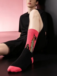 1/2 Pairs American Vintage Printed Mid-Calf Socks, Personalized Streetwear Men's Casual Long Socks, Y2K Neon Creative Cartoon Socks, Versatile Fashion Mid-Calf Slouch Socks - Multicolor - View 1