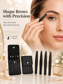 1/5pcs Eyebrow Tweezers Set, Stainless Steel Precision Tweezers Set With Storage Box, Slanted Tip And Fine Tip Tweezers, Suitable For Beauty Makeup, Eyebrow Grooming, Eyelash Extensions, Travel Makeup Accessories, Portable Makeup Tools, Home Vanity Essentials, Perfect Gift - Multicolor - View 2