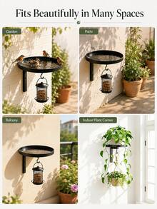 Black Metal Wall-Mounted Bird Bath And Feeder Combo, Outdoor Hanging Bird Water Dish With Hook, Suitable For Garden And Yard - A - View 2
