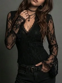 Vintage Western Style Black Lace V-Neck Front Button Long Sleeve Blouse, Elegant Vacation / Party Outfit Shirt - Black - View 5