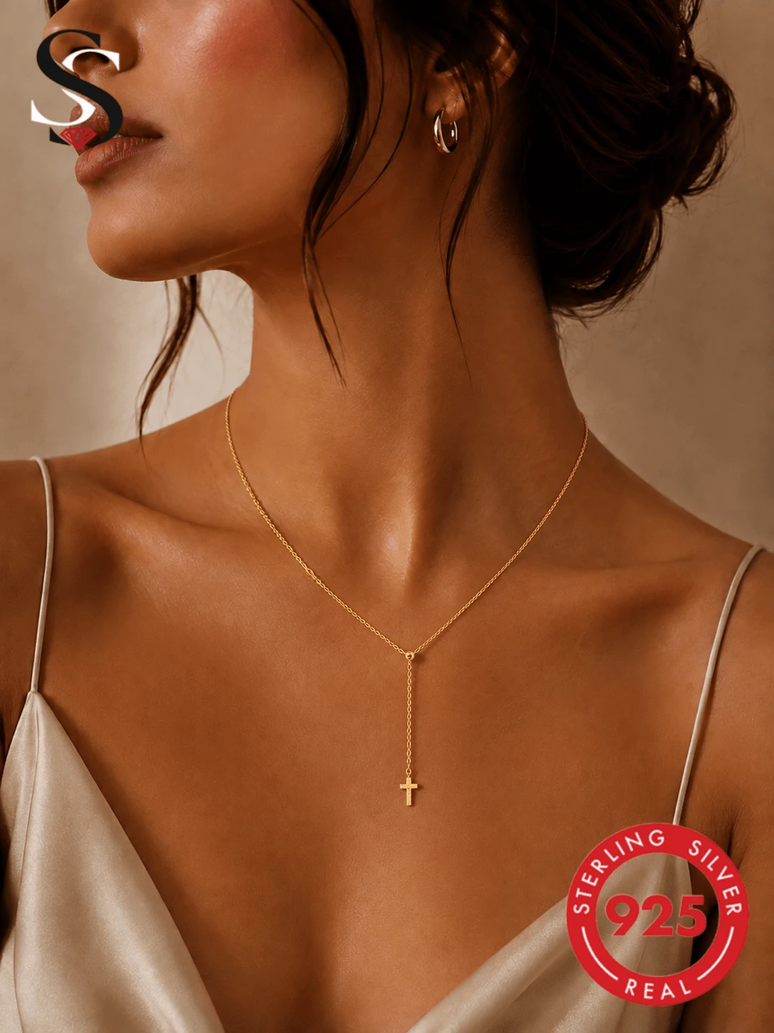 1pc S925 Sterling Silver Y-Shaped Bead Chain Cross Pendant Collarbone Necklace For Holiday - Yellow Gold - View 1