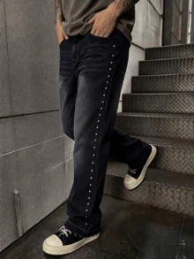 Y2K American Street Style Side Rivet Denim Jeans, Washed Distressed Frayed Hem Long Pants For Men - Black - View 3
