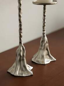 Textured Hammered Silver Tall Candle Holder, Asymmetrical Wavy Base Pillar Candle Stand, Vintage Luxury Tabletop Candlestick For Living Room, Dinner Party, Home Decor - Copper Hill Candle Holder - View 3