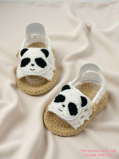 1 par de sandalias de bebé hechas a mano con ganchillo y aplique de panda, zapatos de bebé, blanco y caqui