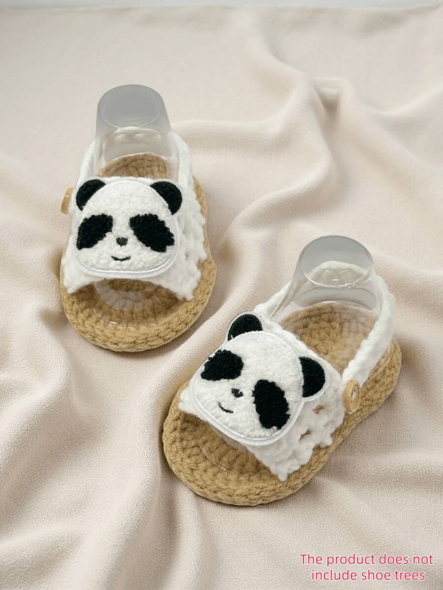 1 Pair Handmade Crochet Infant Sandals With Panda Applique, Infant Shoes, White And Khiki - White - View 1